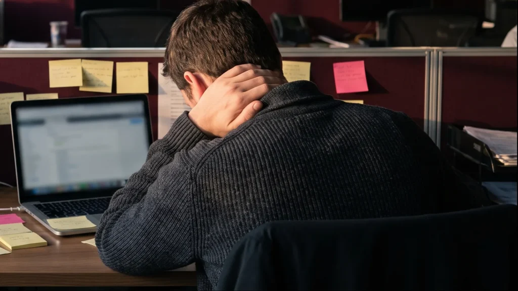 Homem de costas em sua estação de trabalho, com a mão na nuca diante do notebook e de lembretes colados na divisória